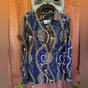 Chuxx Mens Designer Italian Size L Blue Black Gold Chain Print Button Down